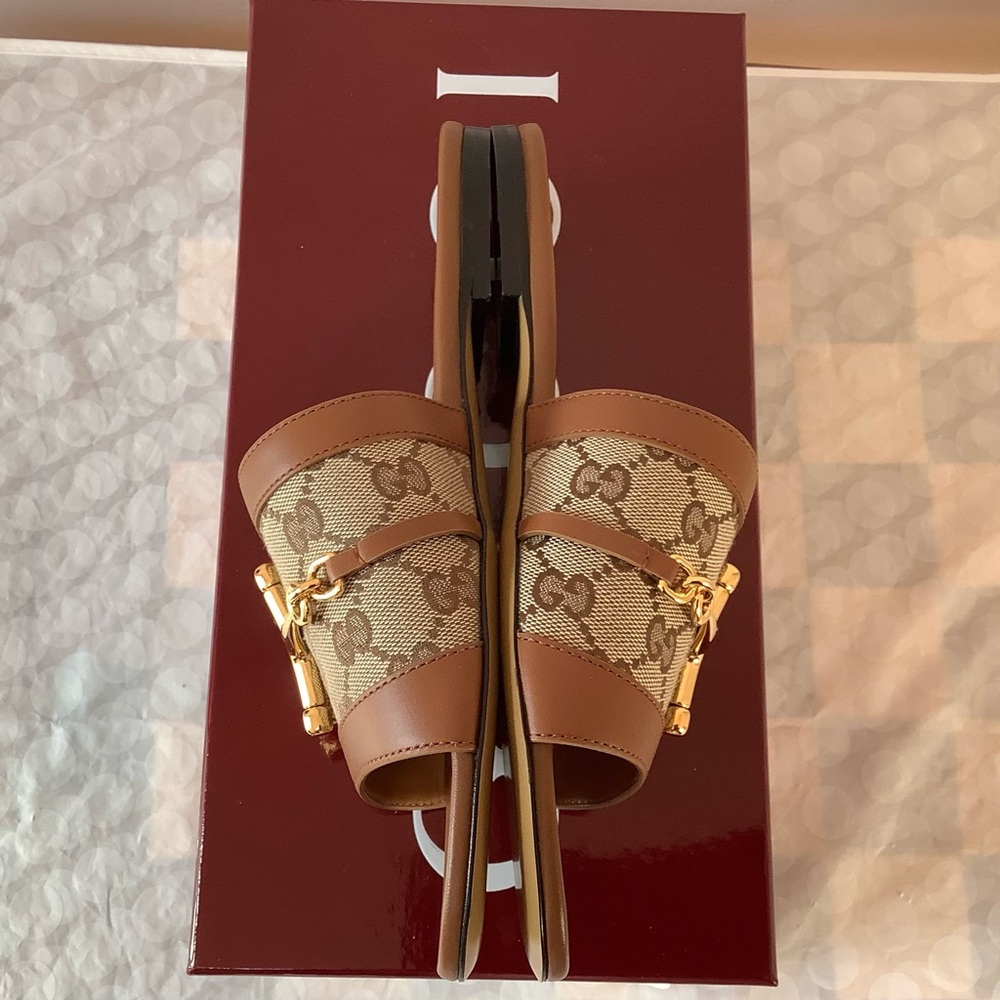 BNIB Gucci Alfa Gold Horsebit Brown GG Canvas Logo Leather Flat Slip Sandal 37.5 - Picture 6 of 12